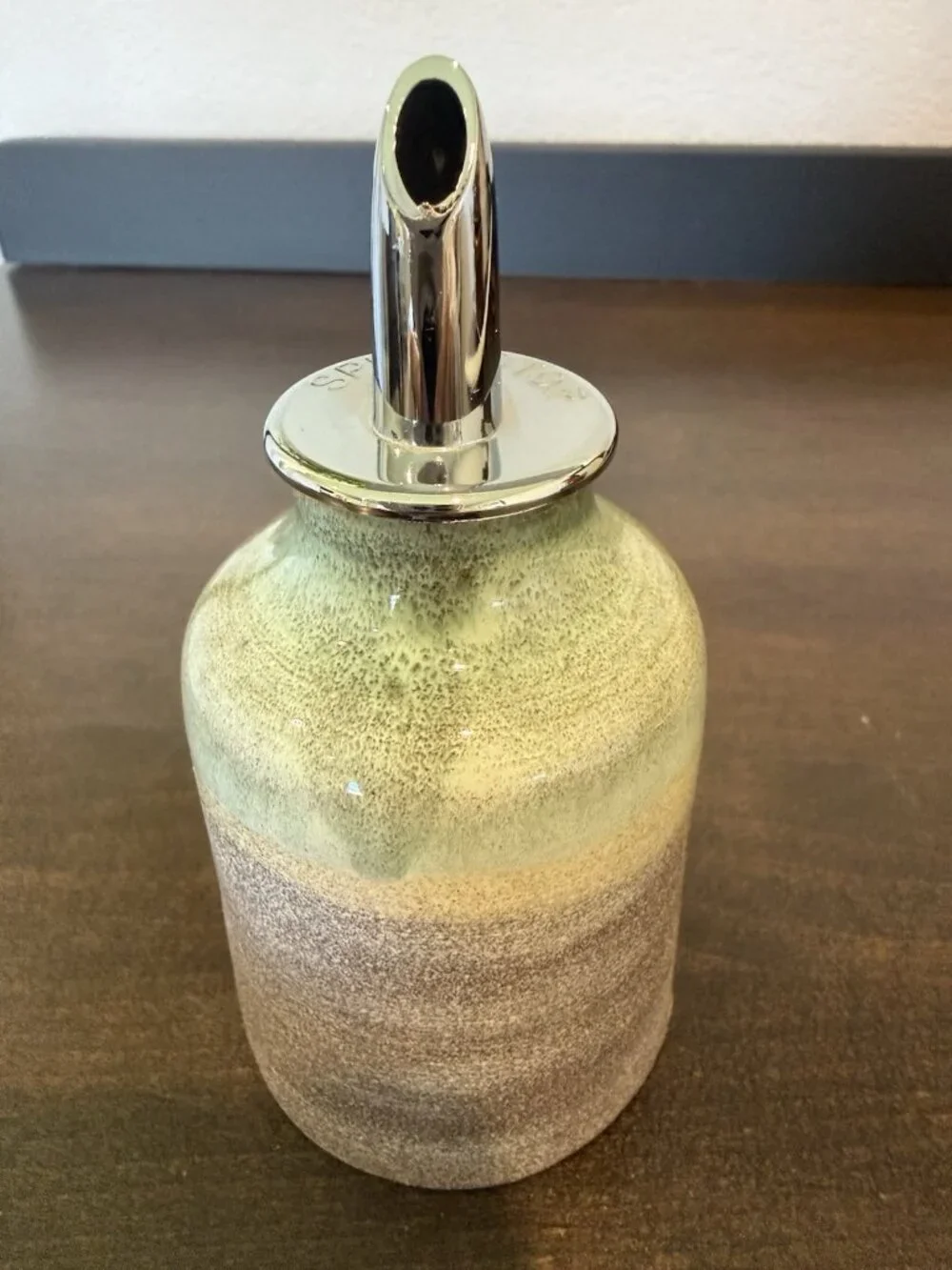 Vintage Artisan Made Pottery Green Oil Cruet Studio Pottery Signed